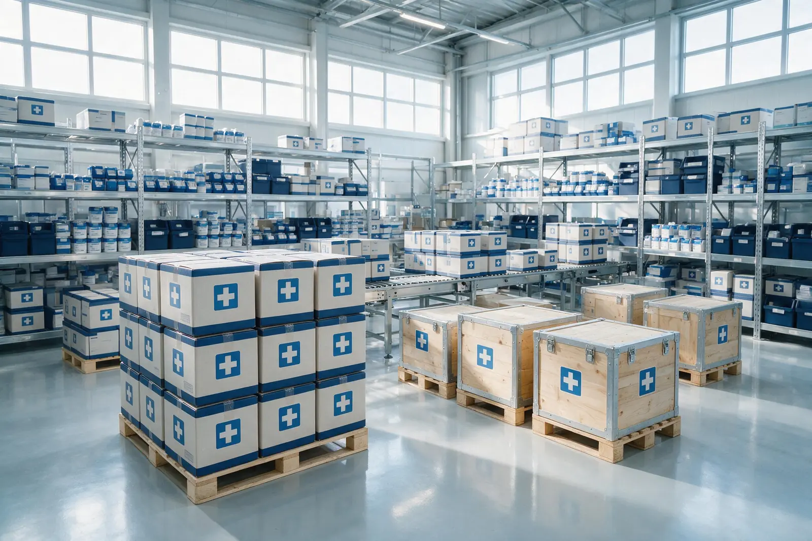 Almacén de productos de salud con cajas y cofres de madera marcados con el símbolo de cruz médica, ordenados sobre pallets y estanterías