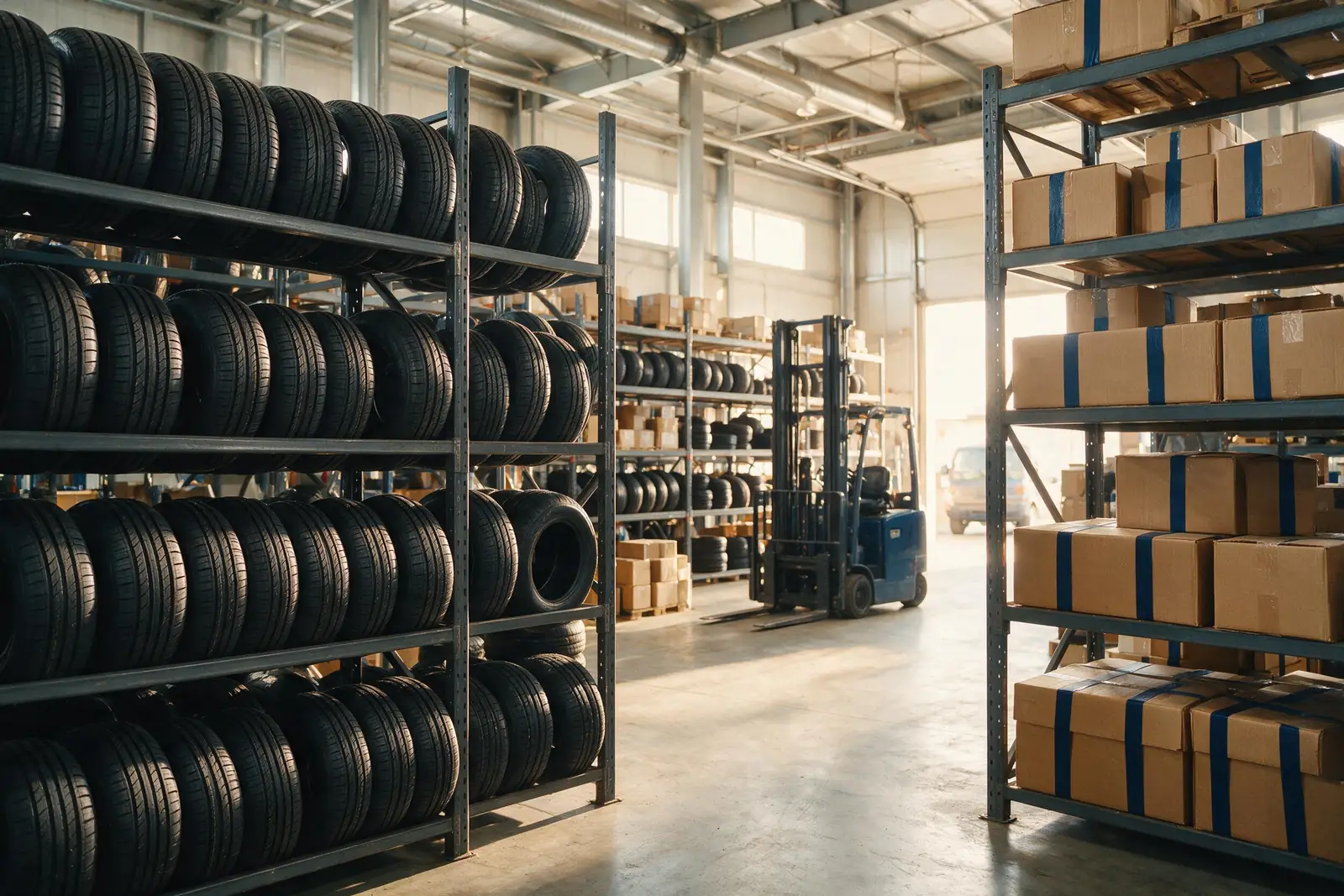 Bodega de repuestos automotrices con estanterías de neumáticos, cajas de partes y un montacargas al fondo
