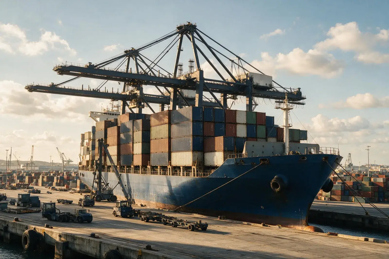 Buque portacontenedores atracado bajo grúas pórtico, con contenedores apilados a lo largo del muelle